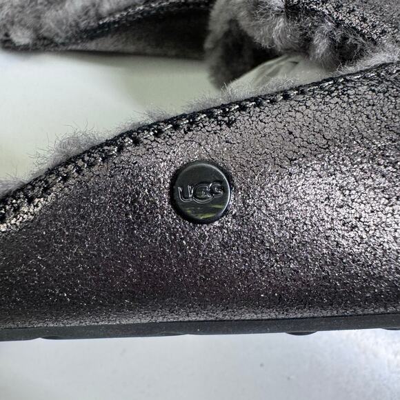 UGG Slippers 11 Lane Metallic Gunmetal Suede Fur Lined Sheepskin Loafer Mule - Picture 9 of 13